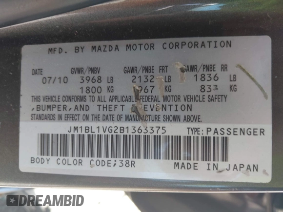 2011 Mazda 3 i Touring with VIN JM1BL1VG2B1363375, listed as a IAAI auction lot 42810182 with 132,073 mi miles and . Bid and sale history available at DreamBid. Image 9.