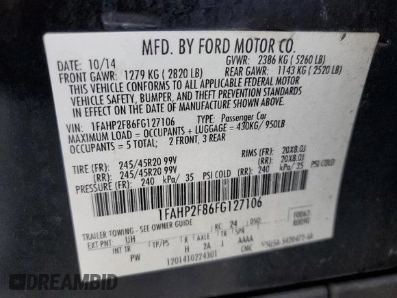 2015 Ford Taurus Limited с VIN 1FAHP2F86FG127106, выставлен на аукционе Copart как лот 61724995 с пробегом 90 343 миль миль и Чистый • Clean title. История ставок и продаж доступна на DreamBid. Изображение 13.