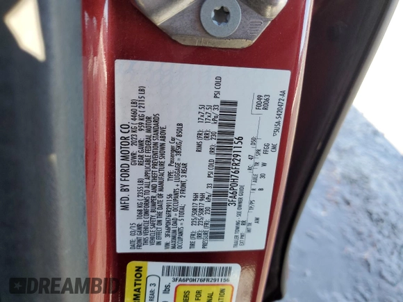 2015 Ford Fusion SE with VIN 3FA6P0H76FR291156, listed as a Copart auction lot 42462575 with 141,745 mi miles and Salvage Title. Bid and sale history available at DreamBid. Image 12.