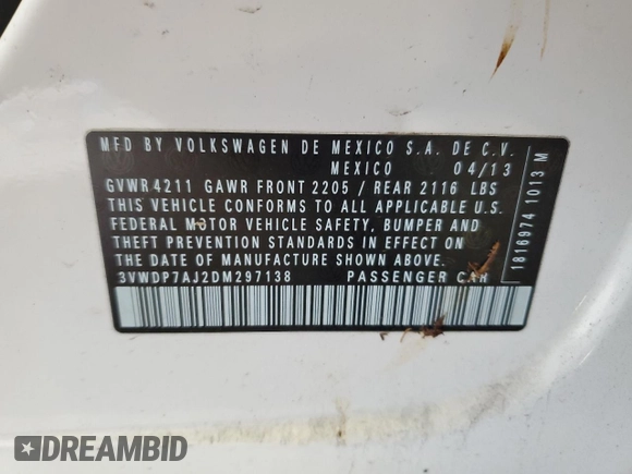 2013 Volkswagen Jetta SE z VIN 3VWDP7AJ2DM297138, wystawiony jako Copart lot #46864115 z przebiegiem Nie podano mil oraz Szkoda całkowita • Salvage title. Historia ofert i sprzedaży dostępna na DreamBid. Obrazek 12.