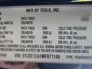 2021 Tesla Model 3 Standard Range Plus with VIN 5YJ3E1EA1MF871146, listed as a Copart auction lot 55633575 with 72,492 mi miles and Salvage Title. Bid and sale history available at DreamBid. Image 10.