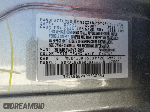 2023 Nissan Sentra S with VIN 3N1AB8BV4PY312945, listed as a Copart auction lot 51890015 with 12,066 mi miles and Non Repairable. Bid and sale history available at DreamBid. Image 12.