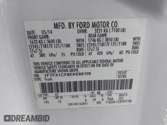 2014 Ford F-150 XL with VIN 1FTFX1CF8EKE66105, listed as a IAAI auction lot 42201442 with 95,589 mi miles and . Bid and sale history available at DreamBid. Image 9.