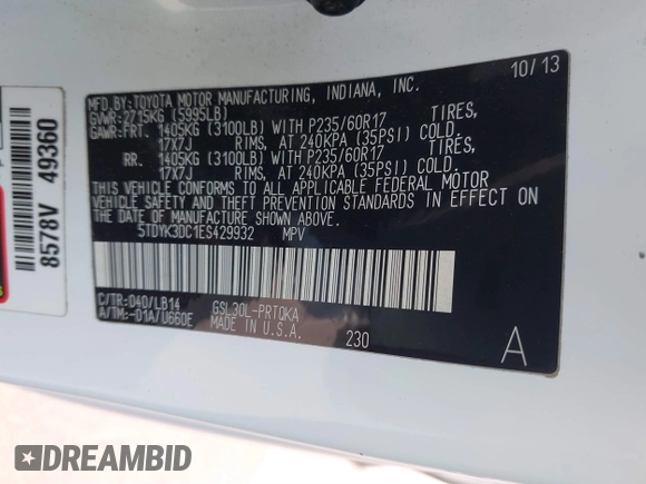 2014 Toyota Sienna XLE with VIN 5TDYK3DC1ES429932, listed as a IAAI auction lot 41692134 with 93,625 mi miles. Bid and sale history available at carsss.com. Image 9.