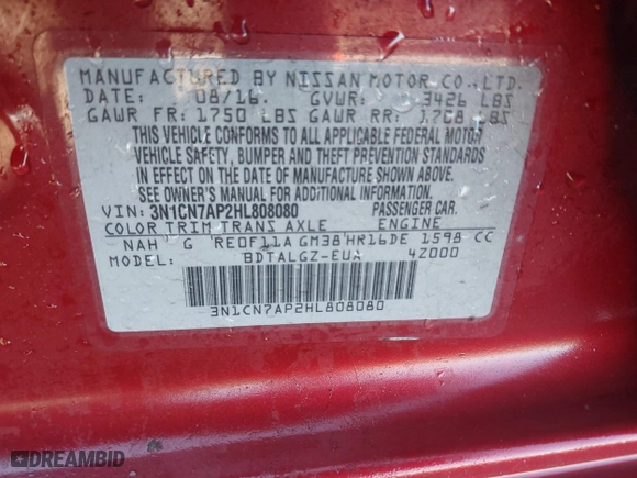2017 Nissan Versa Sedan SV with VIN 3N1CN7AP2HL808080, listed as a IAAI auction lot 41422779 with 188,334 mi miles. Bid and sale history available at carsss.com. Image 9.