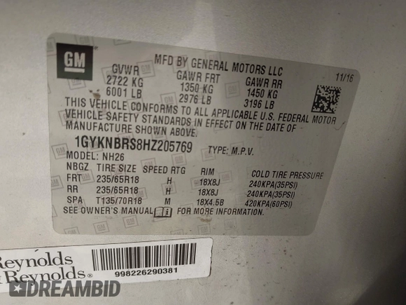 2017 Cadillac XT5 Luxury FWD with VIN 1GYKNBRS8HZ205769, listed as a IAAI auction lot 41865624 with 112,767 mi miles. Bid and sale history available at carsss.com. Image 9.
