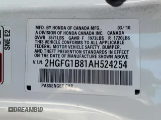 2010 Honda Civic Cpe EX with VIN 2HGFG1B81AH524254, listed as a Copart auction lot 55657305 with 114,144 mi miles and Salvage Title. Bid and sale history available at carsss.com. Image 12.