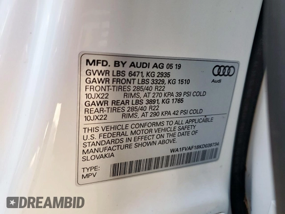 2019 Audi Q8 Prestige with VIN WA1FVAF18KD039734, listed as a Copart auction lot 63831345 with 35,374 mi miles and Salvage title. Bid and sale history available at DreamBid. Image 13.