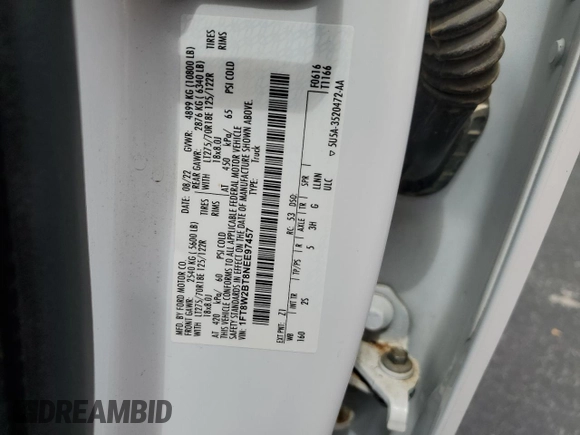 2022 Ford F-250 XL z VIN 1FT8W2BT8NEE97457, wystawiony jako Copart lot #62148045 z przebiegiem 62 915 mil mil oraz Nie do naprawy • Non repairable. Historia ofert i sprzedaży dostępna na DreamBid. Obrazek 12.