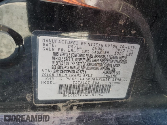 2016 Nissan Note S with VIN 3N1CE2CP4GL401781, listed as a Copart auction lot 87519975 with Not provided miles and Salvage title. Bid and sale history available at DreamBid. Image 12.