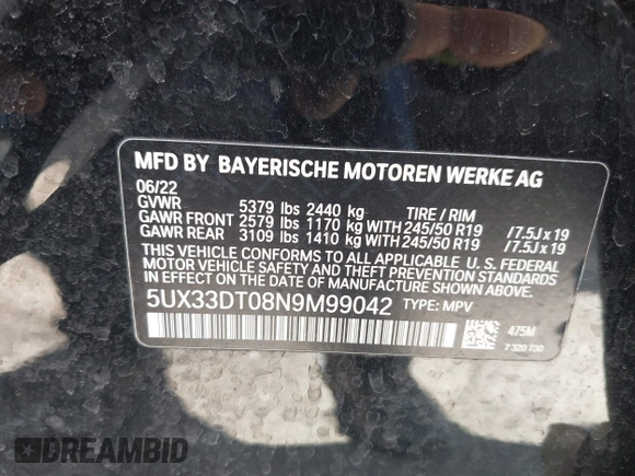 2022 BMW X4 xDrive30i z VIN 5UX33DT08N9M99042, wystawiony jako IAAI lot #42032331 z przebiegiem 34 363 mil mil oraz . Historia ofert i sprzedaży dostępna na DreamBid. Obrazek 9.