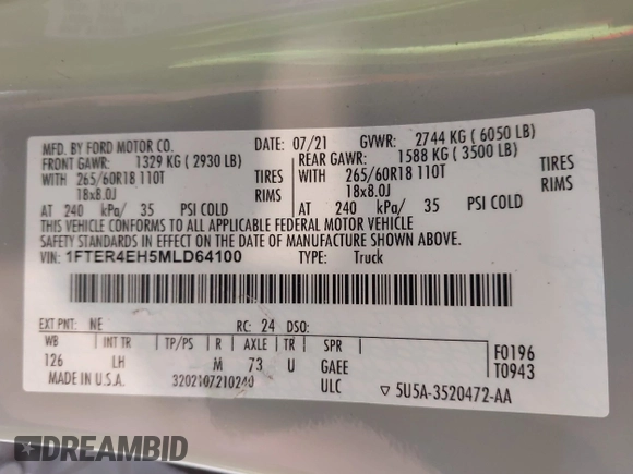 2021 Ford Ranger XL с VIN 1FTER4EH5MLD64100, выставлен на аукционе IAAI как лот 42673266 с пробегом 44 573 миль миль и . История ставок и продаж доступна на DreamBid. Изображение 9.
