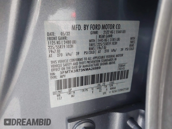 2022 Ford Mustang Mach-E Premium with VIN 3FMTK3R73NMA26889, listed as a IAAI auction lot 41916352 with 36,441 mi miles and . Bid and sale history available at DreamBid. Image 9.
