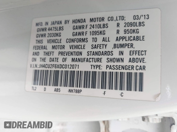 2013 Acura TSX Technology with VIN JH4CU2F6XDC012071, listed as a IAAI auction lot 42213445 with 174,353 mi miles and . Bid and sale history available at DreamBid. Image 9.