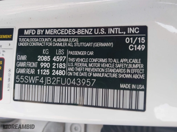 2015 Mercedes-Benz C-Class C 300 with VIN 55SWF4JB2FU043957, listed as a IAAI auction lot 41906033 with 99,094 mi miles. Bid and sale history available at carsss.com. Image 9.
