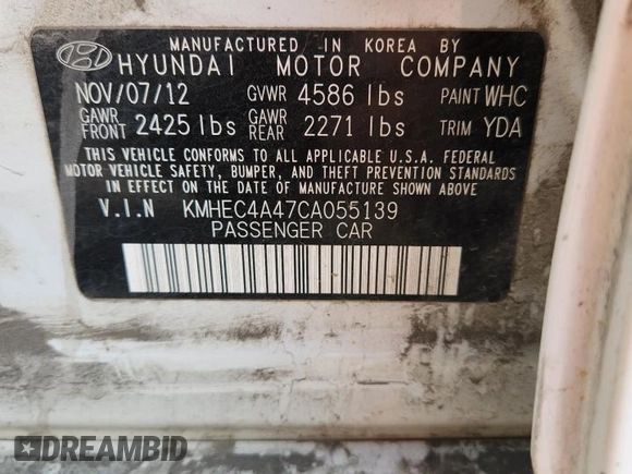 2012 Hyundai Sonata Hybrid with VIN KMHEC4A47CA055139, listed as a Copart auction lot 60082025 with 221,911 mi miles and Salvage title. Bid and sale history available at DreamBid. Image 13.