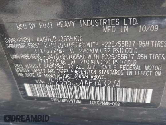 2010 Subaru Forester X Premium with VIN JF2SH6CC4AH743274, listed as a IAAI auction lot 42344185 with 140,045 mi miles and . Bid and sale history available at DreamBid. Image 9.