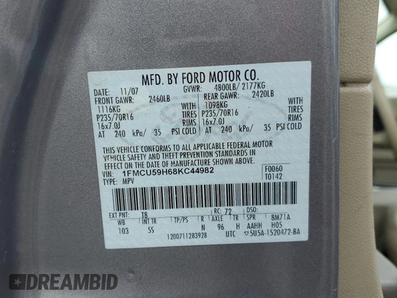 2008 Ford Escape Hybrid с VIN 1FMCU59H68KC44982, выставлен на аукционе Copart как лот 54949845 с пробегом 158 248 миль миль и Чистый • Clean title. История ставок и продаж доступна на DreamBid. Изображение 13.