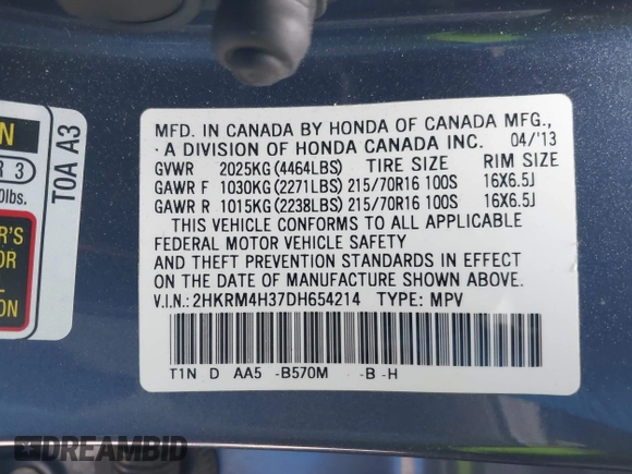 2013 Honda CR-V LX with VIN 2HKRM4H37DH654214, listed as a IAAI auction lot 41893022 with 98,515 mi miles and . Bid and sale history available at DreamBid. Image 9.