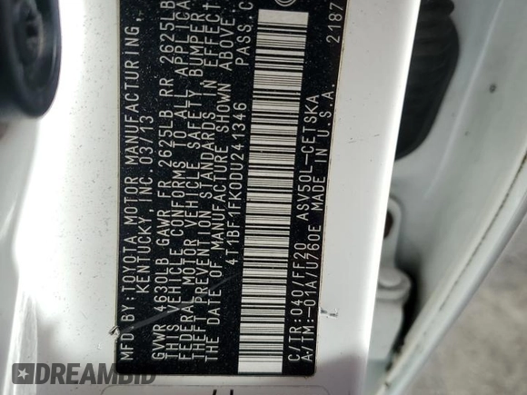 2013 Toyota Camry L with VIN 4T1BF1FK0DU241346, listed as a Copart auction lot 55814965 with 128,745 mi miles and Clean Title. Bid and sale history available at DreamBid. Image 12.