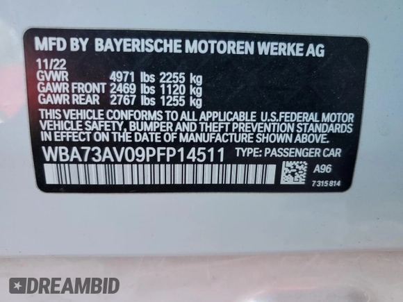 2023 BMW 4 Series 430i xDrive with VIN WBA73AV09PFP14511, listed as a Copart auction lot 89135135 with Not provided miles and Salvage title. Bid and sale history available at DreamBid. Image 13.