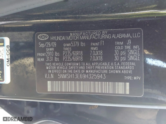 2009 Hyundai Santa Fe SE with VIN 5NMSH13E69H325943, listed as a IAAI auction lot 41813153 with 176,514 mi miles. Bid and sale history available at carsss.com. Image 9.