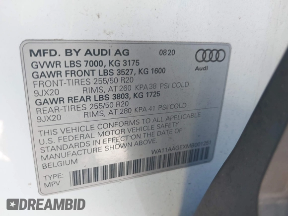 2021 Audi e-tron Sportback S line Premium with VIN WA11AAGEXMB001251, listed as a IAAI auction lot 41363257 with 57,350 mi miles. Bid and sale history available at carsss.com. Image 9.