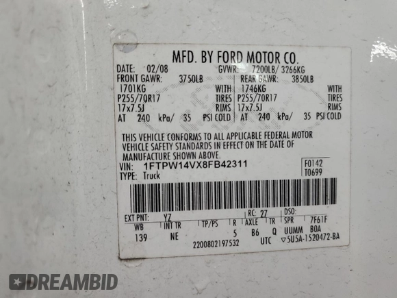 2008 Ford F-150 XLT z VIN 1FTPW14VX8FB42311, wystawiony jako Copart lot #59583995 z przebiegiem 188 449 mil mil oraz Szkoda całkowita • Salvage title. Historia ofert i sprzedaży dostępna na DreamBid. Obrazek 12.