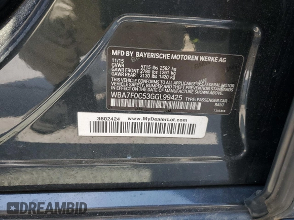 2016 BMW 7 Series 750i с VIN WBA7F0C53GGL99425, выставлен на аукционе Copart как лот 59640465 с пробегом Не указан миль и Чистый • Clean title. История ставок и продаж доступна на DreamBid. Изображение 12.
