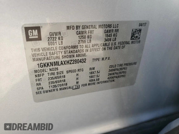 2017 GMC Acadia SLT z VIN 1GKKNMLAXHZ280432, wystawiony jako Copart lot #51713125 z przebiegiem 106 761 mil mil oraz Szkoda całkowita • Salvage title. Historia ofert i sprzedaży dostępna na DreamBid. Obrazek 13.
