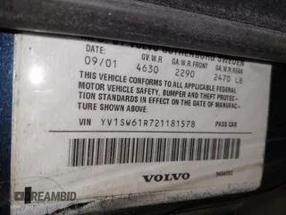 2002 Volvo V70 with VIN YV1SW61R721181578, listed as a IAAI auction lot 41620282 with 260,803 mi miles. Bid and sale history available at carsss.com. Image 9.