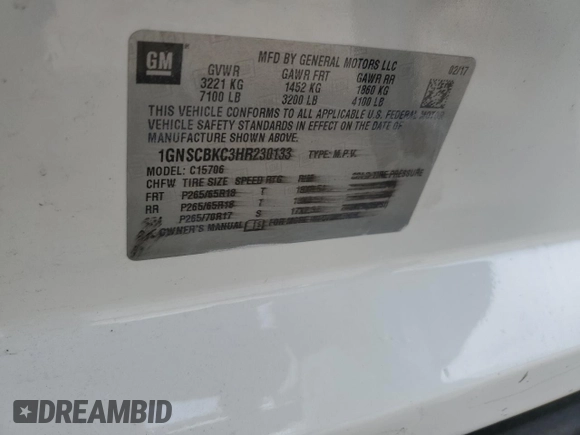 2017 Chevrolet Tahoe LT with VIN 1GNSCBKC3HR230133, listed as a Copart auction lot 49873275 with 178,521 mi miles and Clean title. Bid and sale history available at DreamBid. Image 13.