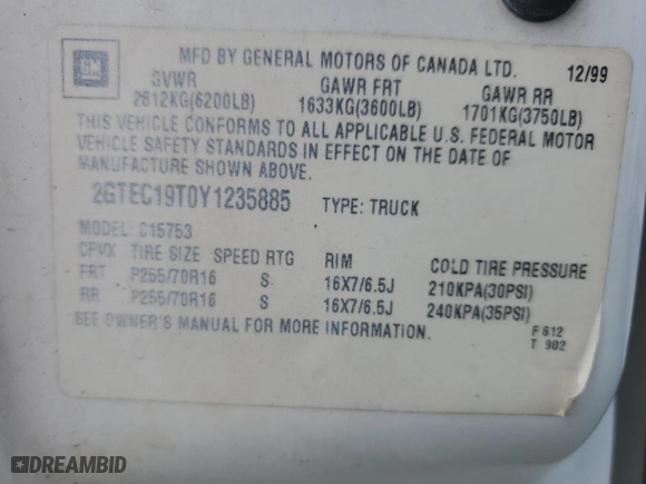 2000 GMC New Sierra 1500 SLE with VIN 2GTEC19T0Y1235885, listed as a Copart auction lot 72353944 with NaN miles and Salvage Title. Bid and sale history available at carsss.com. Image 12.