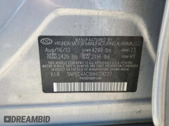 2011 Hyundai Sonata Limited with VIN 5NPEC4AC9BH129227, listed as a Copart auction lot 49973305 with 187,977 mi miles and Salvage Title. Bid and sale history available at DreamBid. Image 12.