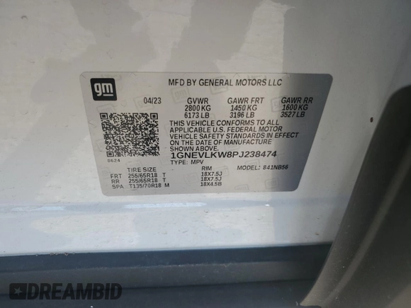 2023 Chevrolet Traverse LS with VIN 1GNEVLKW8PJ238474, listed as a Copart auction lot 85952264 with 28,038 mi miles and Salvage Title. Bid and sale history available at carsss.com. Image 13.