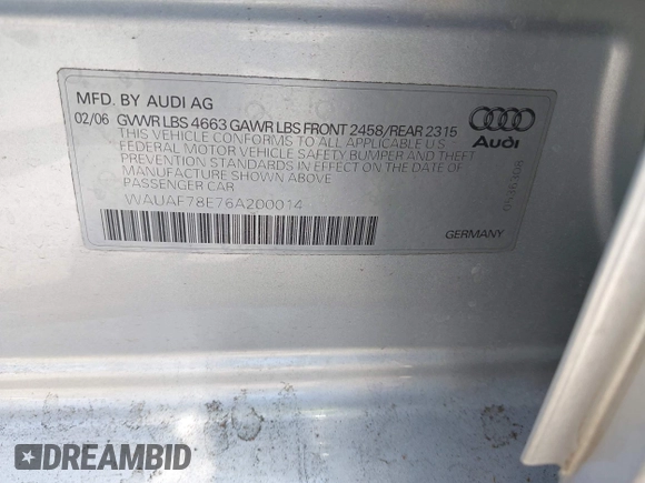 2006 Audi A4 2.0T with VIN WAUAF78E76A200014, listed as a IAAI auction lot 42674600 with 181,619 mi miles and . Bid and sale history available at DreamBid. Image 9.