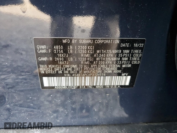 2023 Subaru Outback Touring with VIN 4S4BTAPCXP3134556, listed as a Copart auction lot 51289375 with 17,998 mi miles and Salvage title. Bid and sale history available at DreamBid. Image 13.