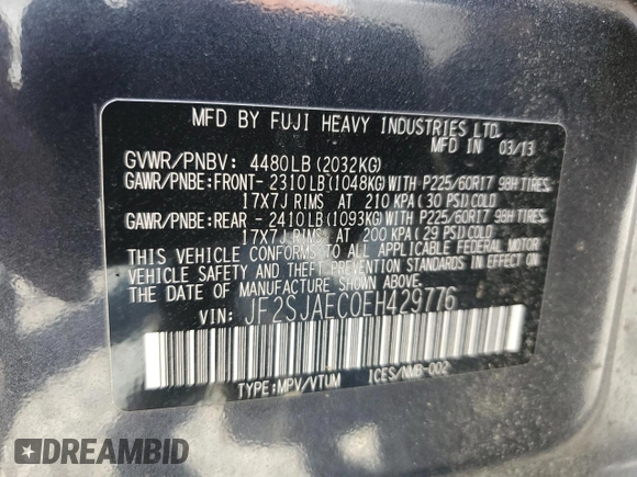 2014 Subaru Forester 2.5i Premium with VIN JF2SJAEC0EH429776, listed as a Copart auction lot 55283785 with 140,881 mi miles and Clean Title. Bid and sale history available at carsss.com. Image 13.