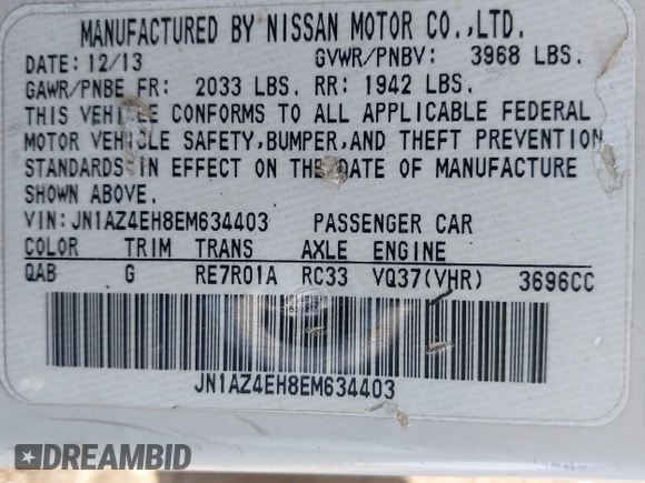 2014 Nissan 370Z with VIN JN1AZ4EH8EM634403, listed as a IAAI auction lot 41923568 with 137,676 mi miles. Bid and sale history available at carsss.com. Image 9.