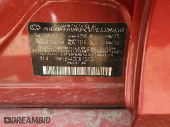 2011 Hyundai Sonata GLS with VIN 5NPEB4AC9BH163722, listed as a Copart auction lot 54074575 with 126,711 mi miles and Salvage Title. Bid and sale history available at DreamBid. Image 12.