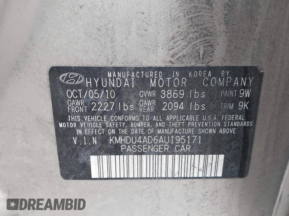 2010 Hyundai Elantra GLS z VIN KMHDU4AD6AU195171, wystawiony jako IAAI lot #41863106 z przebiegiem Nie podano mil oraz . Historia ofert i sprzedaży dostępna na DreamBid. Obrazek 9.