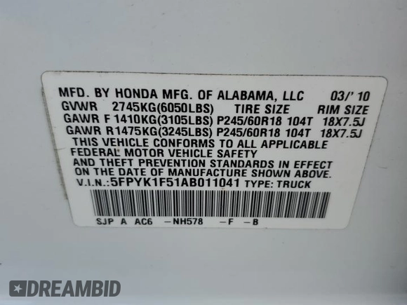 2010 Honda Ridgeline RTL with VIN 5FPYK1F51AB011041, listed as a Copart auction lot 77210844 with 81,265 mi miles and Salvage Title. Bid and sale history available at carsss.com. Image 12.
