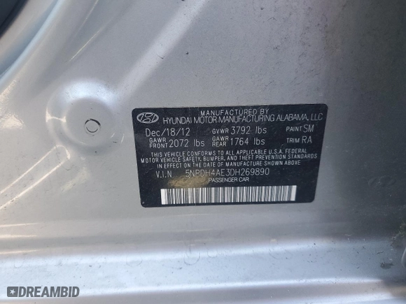 2013 Hyundai Elantra Limited PZEV with VIN 5NPDH4AE3DH269890, listed as a Copart auction lot 52039115 with 196,215 mi miles and Salvage Title. Bid and sale history available at carsss.com. Image 12.