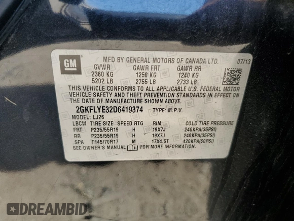 2013 GMC Terrain Denali with VIN 2GKFLYE32D6419374, listed as a Copart auction lot 47652795 with 189,750 mi miles and Clean Title. Bid and sale history available at DreamBid. Image 13.
