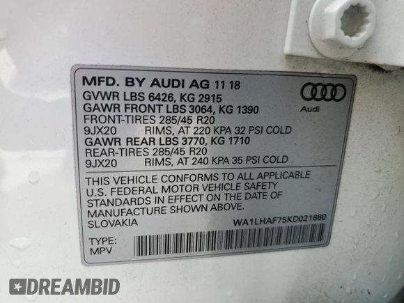 2019 Audi Q7 Premium Plus with VIN WA1LHAF75KD021660, listed as a Copart auction lot 57448675 with 70,411 mi miles and Salvage title. Bid and sale history available at DreamBid. Image 13.