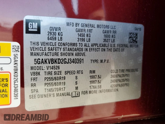 2016 Buick Enclave Leather with VIN 5GAKVBKD2GJ340391, listed as a Copart auction lot 54146165 with 111,385 mi miles and Salvage Title. Bid and sale history available at carsss.com. Image 13.