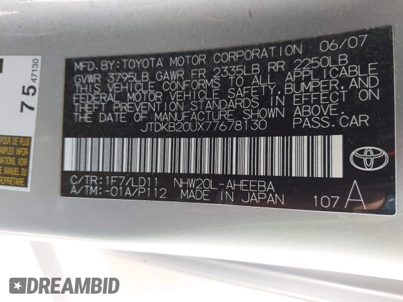 2007 Toyota Prius with VIN JTDKB20UX77678130, listed as a IAAI auction lot 42209219 with 151,285 mi miles and . Bid and sale history available at DreamBid. Image 9.
