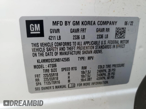 2022 Buick Encore GX Select z VIN KL4MMDS23NB142585, wystawiony jako Copart lot #59618615 z przebiegiem 3 880 mil mil oraz Szkoda całkowita • Salvage title. Historia ofert i sprzedaży dostępna na DreamBid. Obrazek 13.