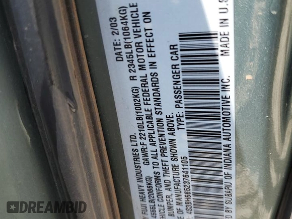 2003 Subaru Legacy Outback с VIN 4S3BH665237641105, выставлен на аукционе Copart как лот 68734634 с пробегом 242 193 миль миль и Списание • Salvage title. История ставок и продаж доступна на DreamBid. Изображение 12.