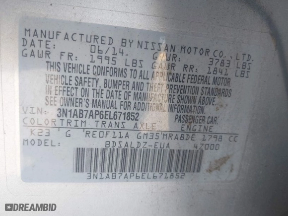 2014 Nissan Sentra SV with VIN 3N1AB7AP6EL671852, listed as a IAAI auction lot 41392301 with 131,539 mi miles. Bid and sale history available at carsss.com. Image 9.